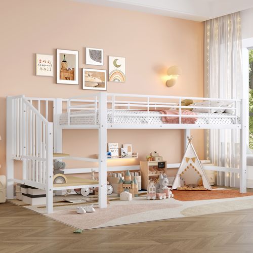 Lit Mezzanine 90x200 Cm - Lit Enfant Avec Escaliers De Rangement Intégrés, Métal Blanc
