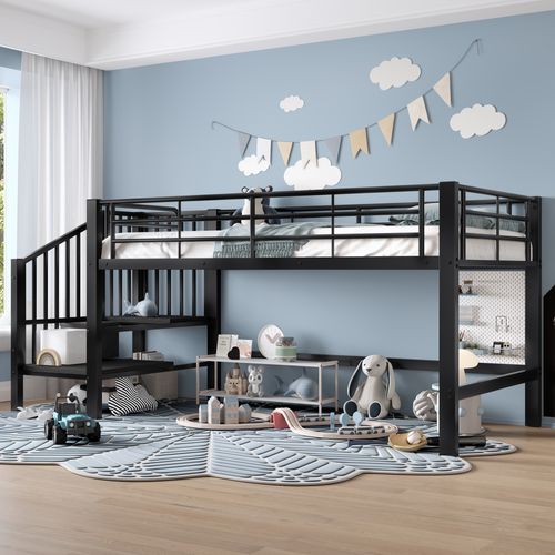 Lit Mezzanine 90x200 Cm - Lit Enfant Avec Escaliers De Rangement Intégrés, Métal Noir