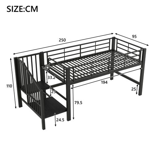 Lit Mezzanine 90x200 Cm - Lit Enfant Avec Escaliers De Rangement Intégrés, Métal Noir