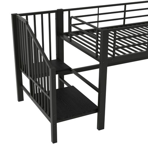 Lit Mezzanine 90x200 Cm - Lit Enfant Avec Escaliers De Rangement Intégrés, Métal Noir