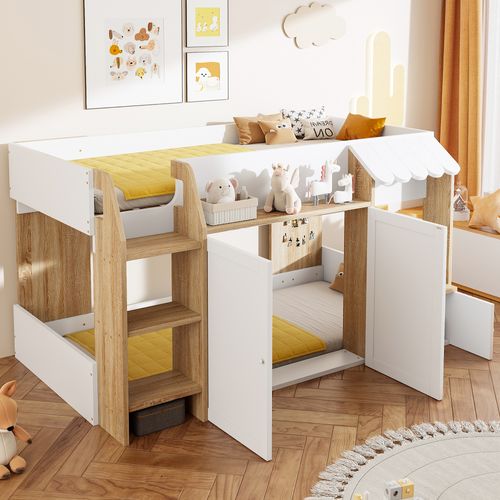 Lit Mezzanine Enfant 90x200 Cm Avec Échelle Et Rangement Ouvert - Bois Naturel Et Blanc