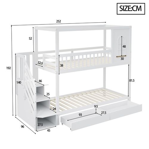 Lit Superposé Enfant 90x200 Cm Avec Fenêtres, Échelle Sécurisée Et Tiroirs, Bois Blanc