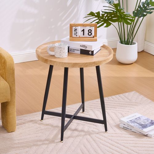 Table D’appoint Ronde, Bois Et Métal Noir, Style Scandinave Moderne, Salon, Marron/noir
