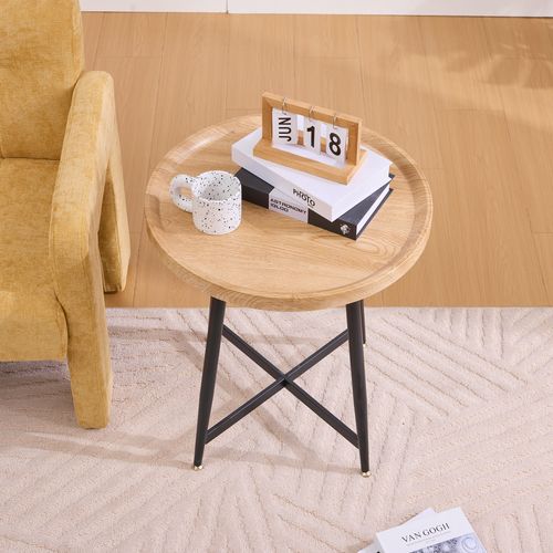 Table D’appoint Ronde, Bois Et Métal Noir, Style Scandinave Moderne, Salon, Marron/noir