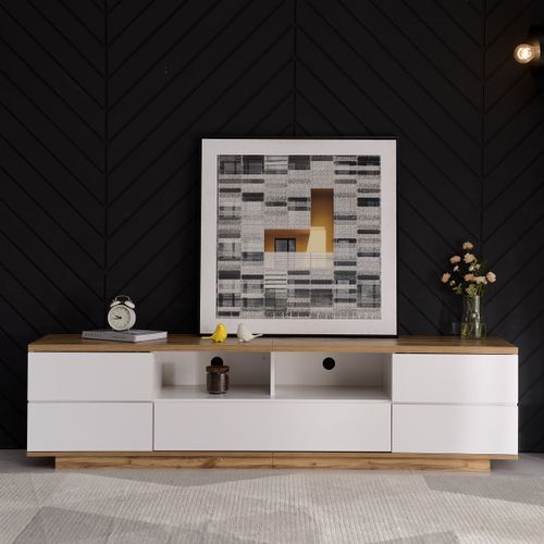 Meuble TV Laqué Blanc – Portes Et Tiroirs, Design Moderne, Rangement Salon, Mdf, Bois Clair,