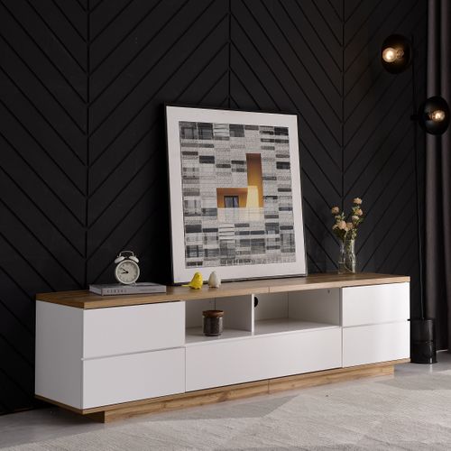 Meuble TV Laqué Blanc – Portes Et Tiroirs, Design Moderne, Rangement Salon, Mdf, Bois Clair,