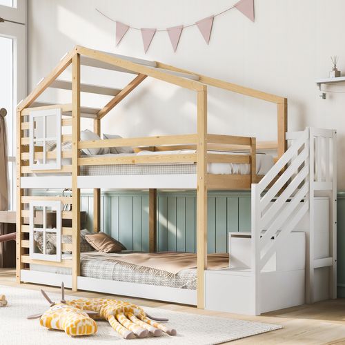 Lit Superposé 90x200 Cm Cabane Enfant Avec Escalier De Rangement, Pin Naturel Et Blanc