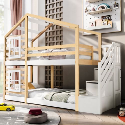 Lit Superposé 90x200 Cm Cabane Enfant Avec Escalier De Rangement, Pin Naturel Et Blanc