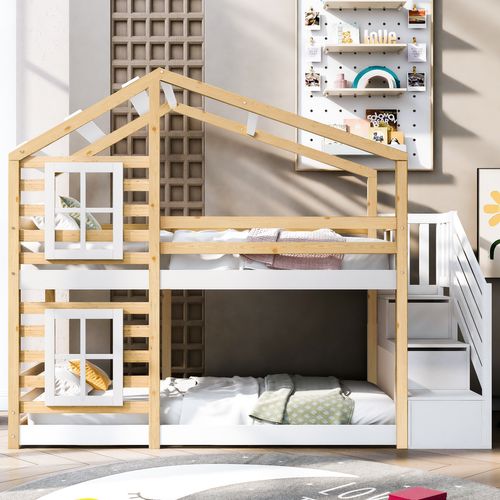 Lit Superposé 90x200 Cm Cabane Enfant Avec Escalier De Rangement, Pin Naturel Et Blanc