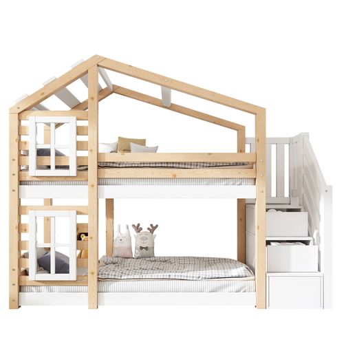 Lit Superposé 90x200 Cm Cabane Enfant Avec Escalier De Rangement, Pin Naturel Et Blanc