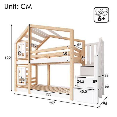 Lit Superposé 90x200 Cm Cabane Enfant Avec Escalier De Rangement, Pin Naturel Et Blanc