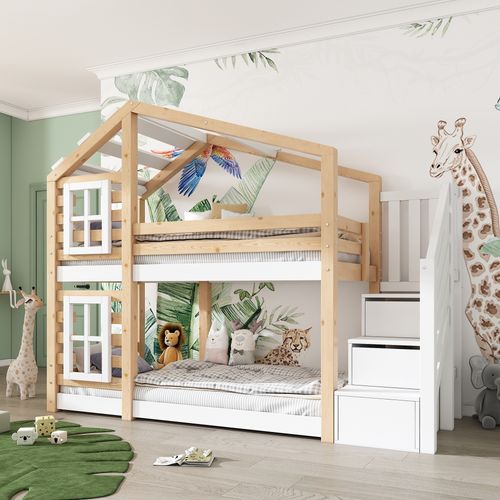 Lit Superposé 90x200 Cm Cabane Enfant Avec Escalier De Rangement, Pin Naturel Et Blanc