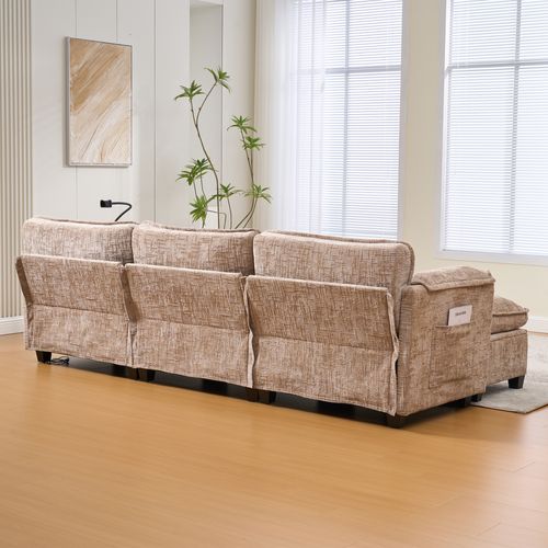 Canapé 3 Places Avec USB, Poches Latérales Et Pouf Coffre, Chenille Kaki