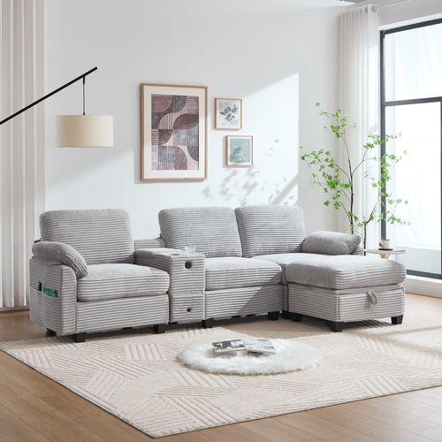 Canapé 3 Places Moderne Avec USB Type-c, Poches Et Coffre, Velours Côtelé Gris Clair