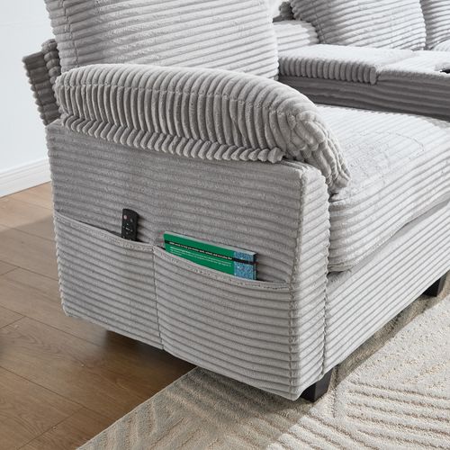 Canapé 3 Places Moderne Avec USB Type-c, Poches Et Coffre, Velours Côtelé Gris Clair