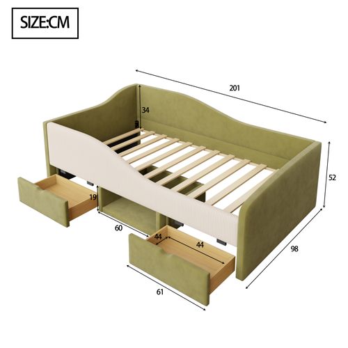 Lit Banquette Enfant 90x190 Cm En Velours, 2 Tiroirs De Rangement Et Design Courbé, Vert Et Crème