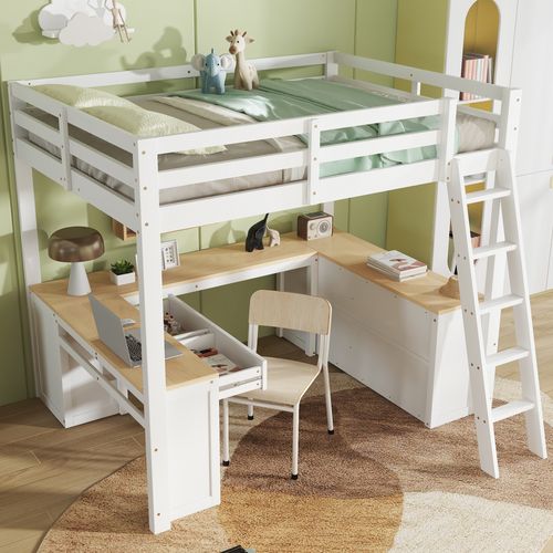 Lit Mezzanine Enfant 140x200 Cm, Bureau, Rangement, Tiroirs Et Étagères, Bois, Blanc Et Naturel