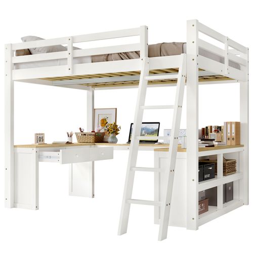 Lit Mezzanine Enfant 140x200 Cm, Bureau, Rangement, Tiroirs Et Étagères, Bois, Blanc Et Naturel