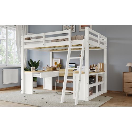 Lit Mezzanine Enfant 140x200 Cm, Bureau, Rangement, Tiroirs Et Étagères, Bois, Blanc Et Naturel