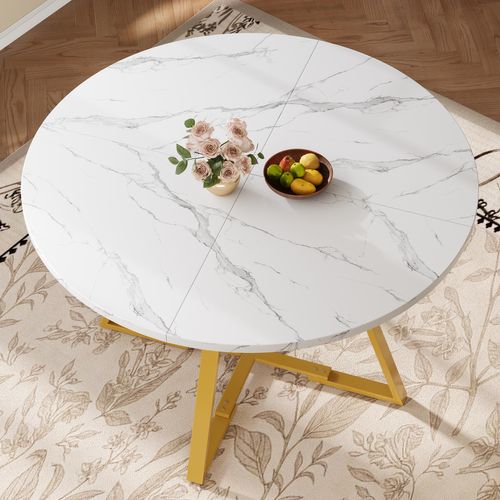 Table à Manger Ronde, Plateau Effet Marbre, Rangement Intégré, Pieds Métal Réglables, Mdf Blanc