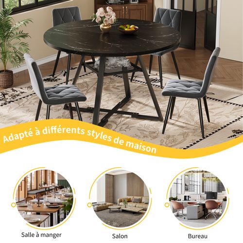 Table à Manger Ronde, Plateau Effet Marbre, Pieds Réglables, Rangement, Mdf Noir