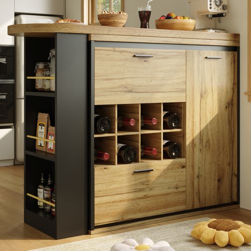 Table Bar - Table Avec Casier à Vin, Tiroirs, Plateau Allongeable Et Étagères Ouvertes - Mdf Bois