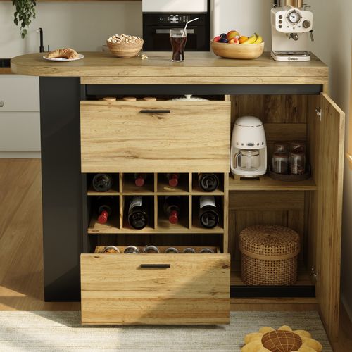 Table Bar - Table Avec Casier à Vin, Tiroirs, Plateau Allongeable Et Étagères Ouvertes - Mdf Bois
