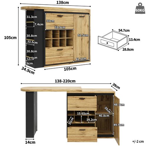 Table Bar - Table Avec Casier à Vin, Tiroirs, Plateau Allongeable Et Étagères Ouvertes - Mdf Bois