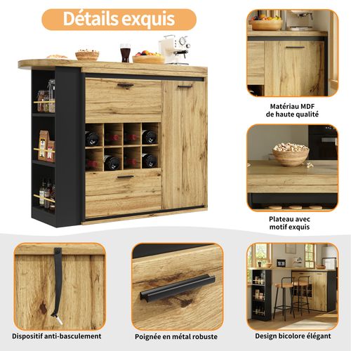 Table Bar - Table Avec Casier à Vin, Tiroirs, Plateau Allongeable Et Étagères Ouvertes - Mdf Bois