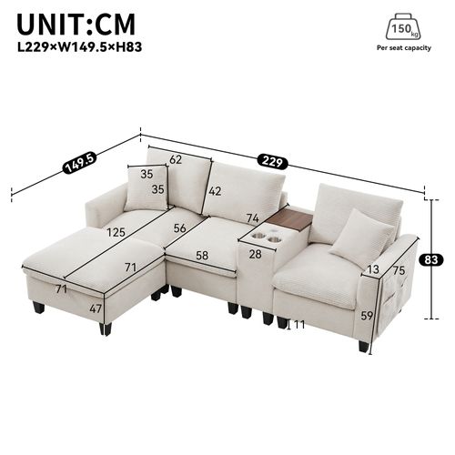 Canapé D’angle 4 Places, Rangement, Accoudoirs, USB Et Console, Velours Côtelé Beige