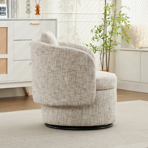 Fauteuil Pivotant De Salon Avec Rangement Caché Et Coussin Rembourré, Tissu Chenille, Ivoire