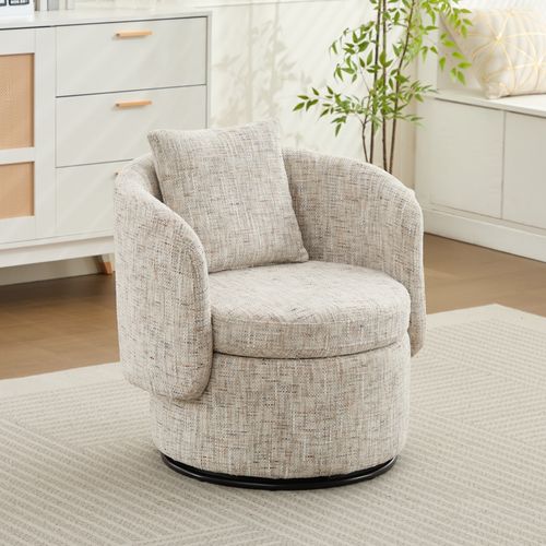 Fauteuil Pivotant De Salon Avec Rangement Caché Et Coussin Rembourré, Tissu Chenille, Ivoire