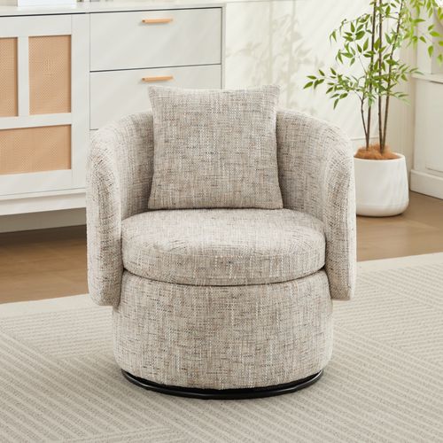 Fauteuil Pivotant De Salon Avec Rangement Caché Et Coussin Rembourré, Tissu Chenille, Ivoire