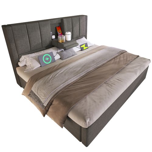 Lit Coffre Double 160×200 cm, Rangement Hydraulique, Station De Charge, Cup Holder Caché, Lin Gris