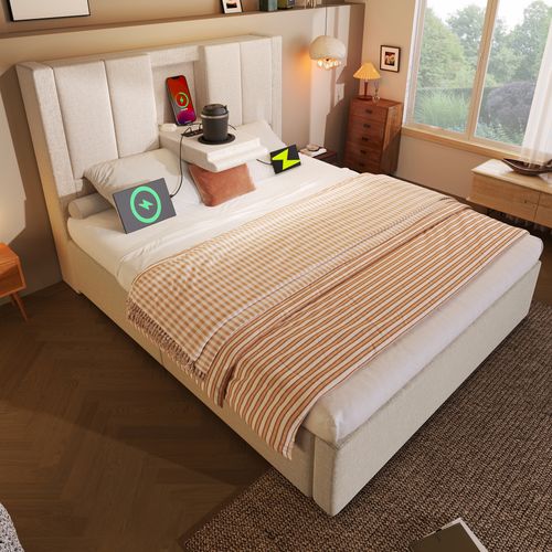 Lit Coffre Simple 90×200 cm Avec Rangement Hydraulique Et Chargeur USB Intégré - Lin Beige