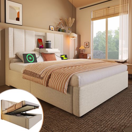 Lit Coffre Simple 90×200 cm Avec Rangement Hydraulique Et Chargeur USB Intégré - Lin Beige