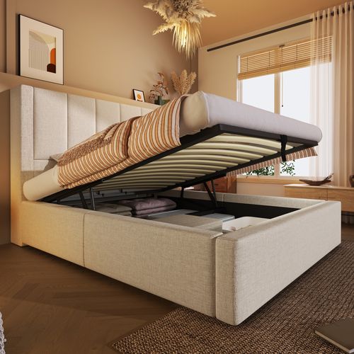 Lit Coffre Simple 90×200 cm Avec Rangement Hydraulique Et Chargeur USB Intégré - Lin Beige