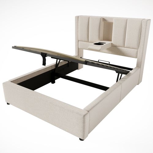 Lit Coffre Simple 90×200 cm Avec Rangement Hydraulique Et Chargeur USB Intégré - Lin Beige