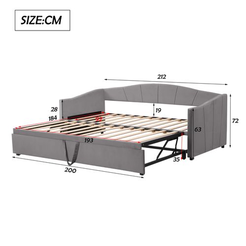 Lit Gigogne 90/180x200 Cm - Lit Double Multifonctionnel, Convertible En Velours, Gris