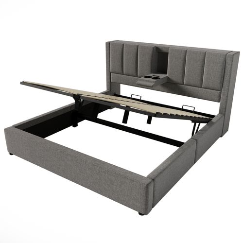 Lit Coffre Double 180×200 cm, Rangement Hydraulique, Station De Charge, Cup Holder Caché, Lin Gris