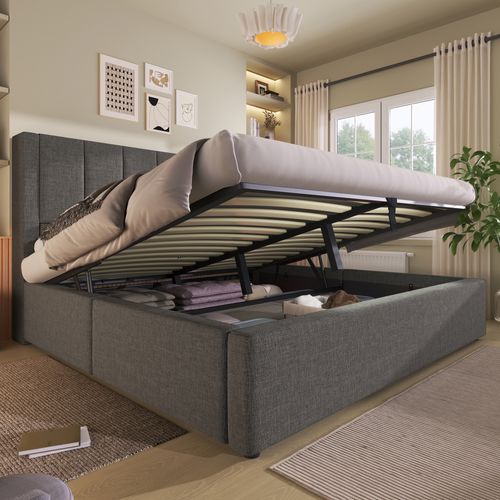 Lit Coffre 140×200 cm Avec Rangement Hydraulique, Station De Charge, Cup Holder Caché, Lin Gris