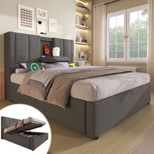 Lit Coffre Simple 90×200 cm Avec Rangement Hydraulique Et Chargeur USB Intégré - Gris