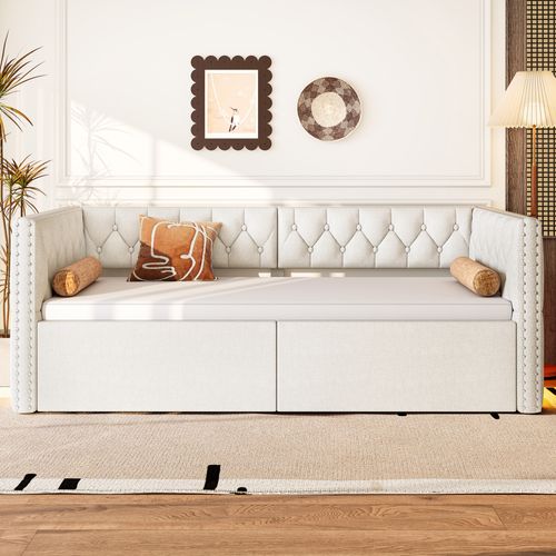 Lit Gigogne 90x200 à 180x200 Cm - Lit Avec Rangement Intégré Et Éclairage LED - Beige