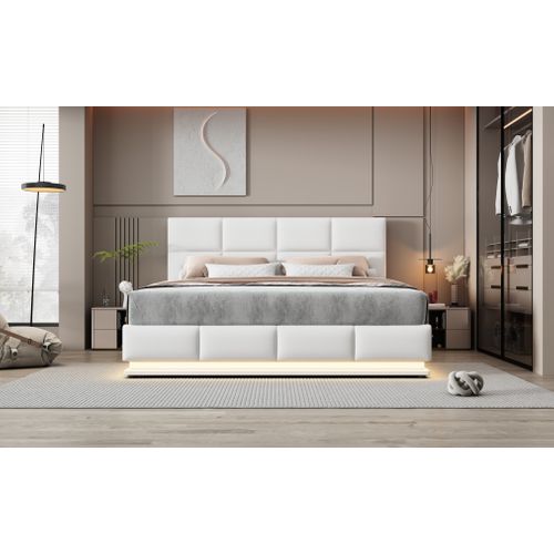 Lit Coffre 180×200 Cm Avec LED, Rangement Hydraulique, Sommier à Lattes, Simili Cuir Blanc