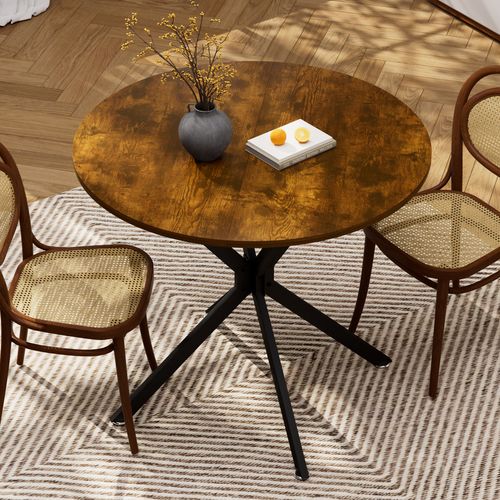 Table à Manger Ronde 90 Cm, Plateau Bois, Pieds Métal, Style Contemporain, Brun/noir