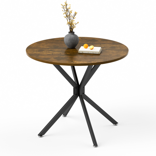 Table à Manger Ronde 90 Cm, Plateau Bois, Pieds Métal, Style Contemporain, Brun/noir