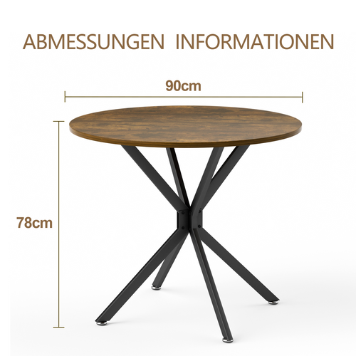 Table à Manger Ronde 90 Cm, Plateau Bois, Pieds Métal, Style Contemporain, Brun/noir