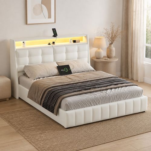 Lit Flottant 160x200 Cm Avec éclairage LED Et Ports USB - Cadre De Lit Moderne, Rembourré, Blanc Et Bois