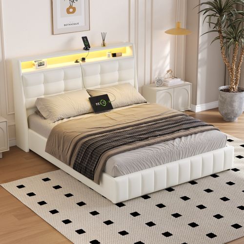 Lit Double 160x200 Cm - Lit Adulte Avec Éclairage LED Et Port USB - Blanc