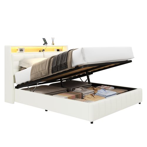 Lit Double 160x200 Cm - Lit Adulte Avec Éclairage LED Et Port USB - Blanc